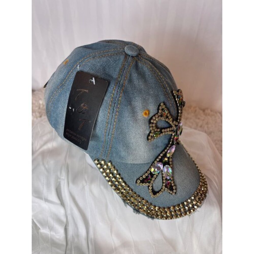 Distressed Denim Cross Rhinestone Bling Cap - Picture 7 of 8